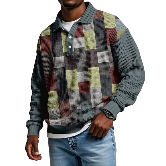 Nokdvo Men’s Sweatshirt Trendy Lapel Collar Quarter Button Color Block Tops Fall Winter Casual Lapel Collar Long Sleeve Pullovers Shirt,Dark Green 3XL