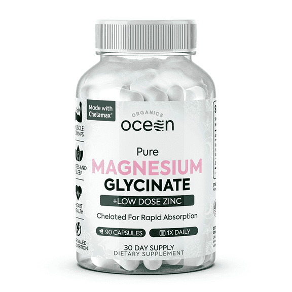 Organics Ocean Pure Magnesium Glycinate with Zinc – Chelated Formula – 90 Capsules – Sleep & Muscle Support