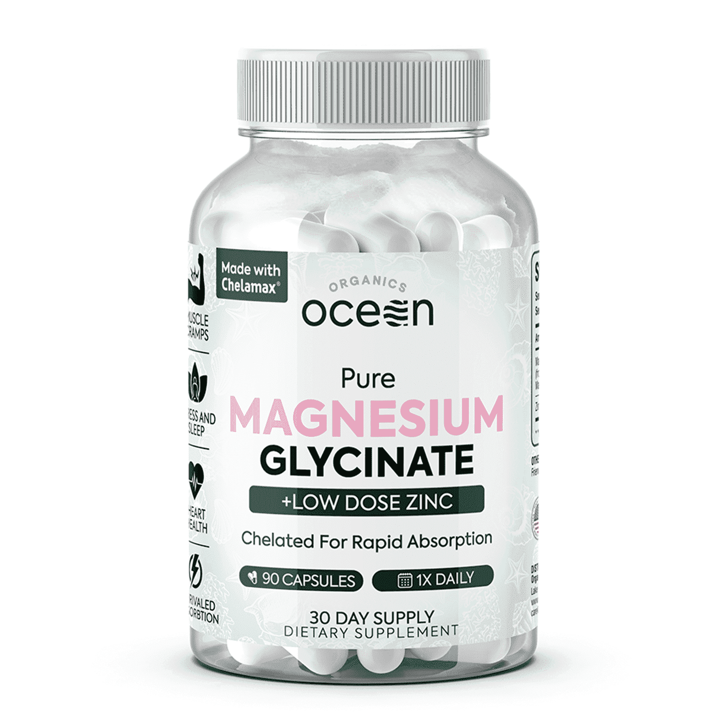 Organics Ocean Pure Magnesium Glycinate with Zinc – Chelated Formula – 90 Capsules – Sleep & Muscle Support