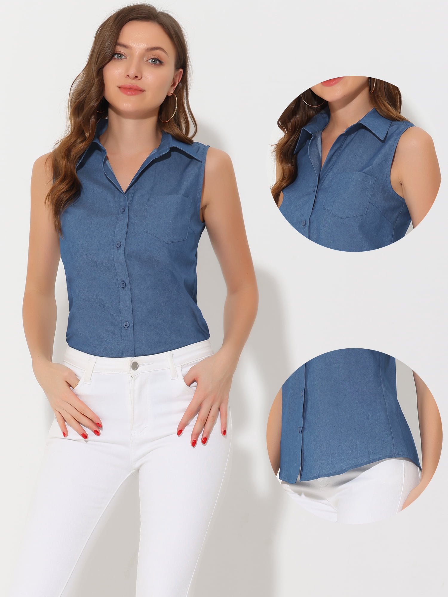 DARING DIVA Women's Sleeveless Lapel V Neck Chambray Tunic Denim Tops 2XL Blue