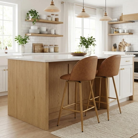 Homy Casa 26" Swivel Counter Height Bar Stools, Set of 2, Kitchen Island Chairs, Cognac Brown