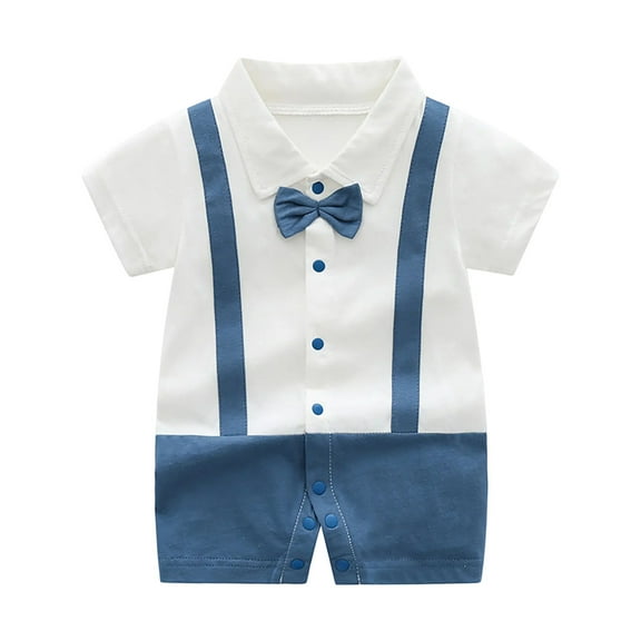ZACPNCV Infant Newborn Baby Boys Gentleman Suit Bowtie Romper Color Block Short Sleeve Outfids Jumpsuit Clothes Baby Bodysuits Blue 18-24 Months