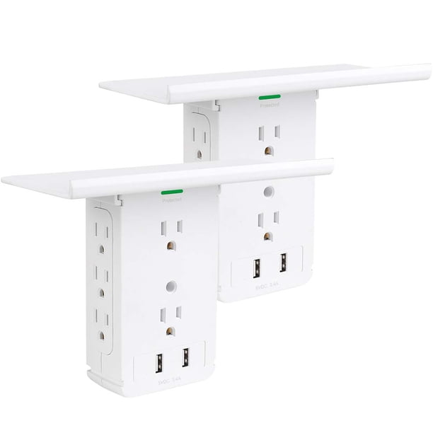Estante De Pared Para Enchufes Cfmaster, Protector Contra Sobretensiones De 10 Puertos, Toma De Pared, 8 Extensores De Tomacorrientes Eléctricos Y 2 Puertos Usb De 2,4 A Con Estante Incorporado Extraí