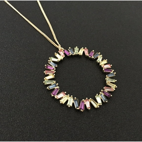 Goldtone Multi Colored Crystal Baguette Circular Pendant Necklace