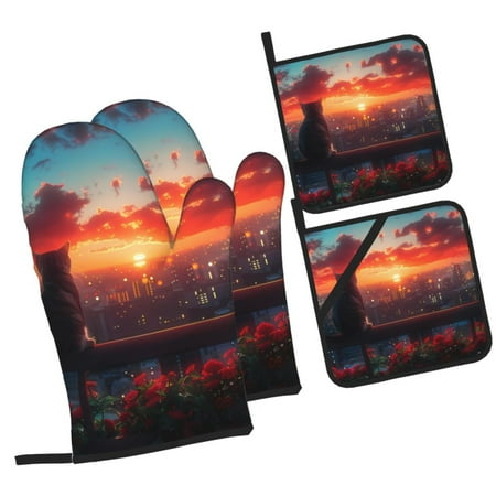 

Fotbe Cat Watching City Sunset for 4Pcs Oven Mitts and Pot Holders 500℉ Heat Resistant Oven Mitts Non-Slip Silicone Surface Safe for Baking Cooking BBQ