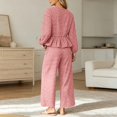 thumbnail image 4 of Szluipve 2 Piece Sets for Women Gingham Plaid Round Neck Long Sleeve Ruffle Peplum Top And Drawstring Wide Leg Cropped Pants 2 Piece Outfit Casual Loungewear Set With Pockets Red S, 4 of 6