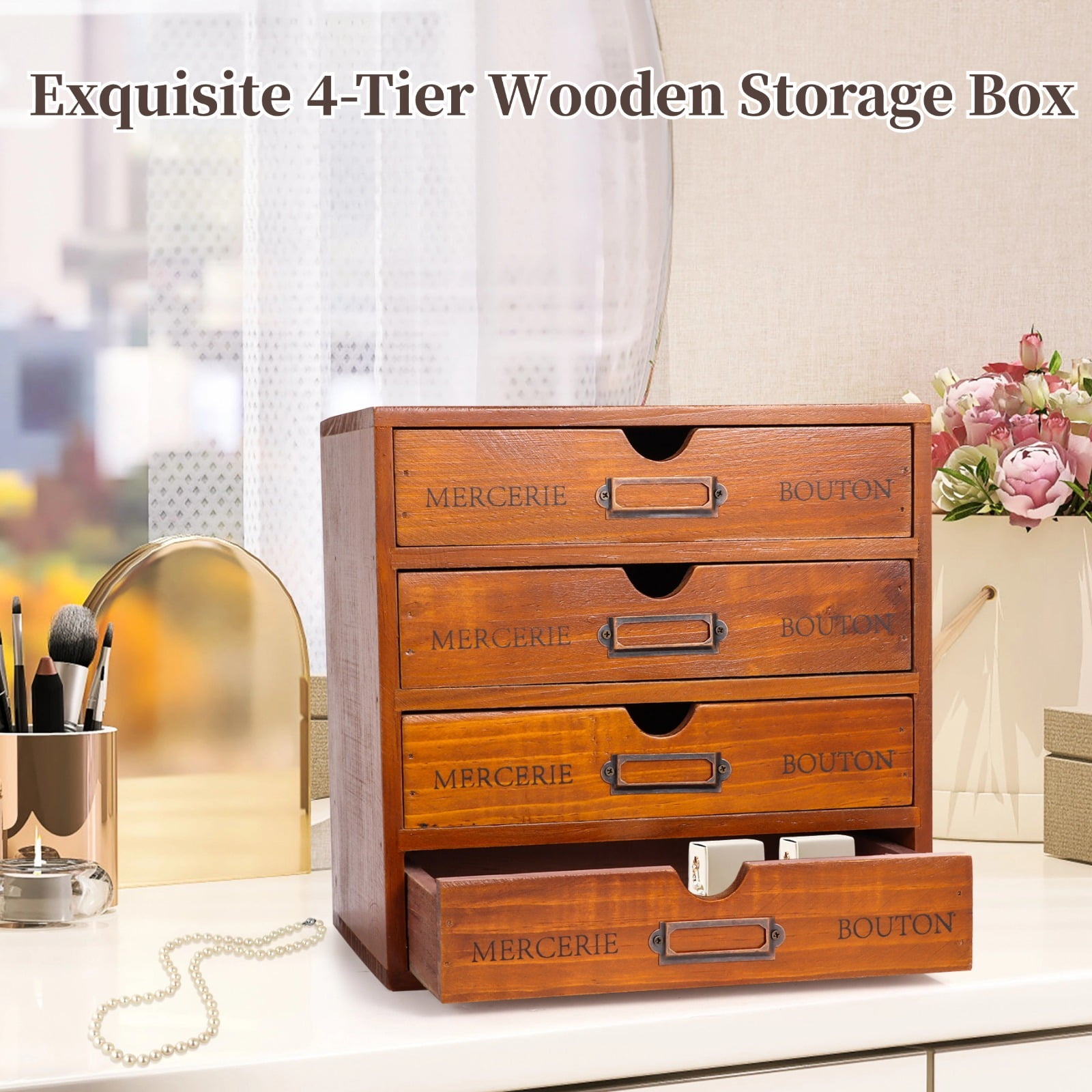 1 PC Wooden Vintage Storage Cabinet - Multi-layer 4-Drawer Storage Box -Storage Filing Cabinet for Workspace, Rustic Sundry Sorting Case for Jewelry, Decorative Storage Case for Home