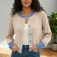 thumbnail image 2 of Wang6 Cropped Cardigan Sweaters for Women Causal Button Open Front Long Sleeve Knit Sweater Trendy Fall Winter Crew Neck Color Blocking Knitted Tops Outerwear Beige L, 2 of 5