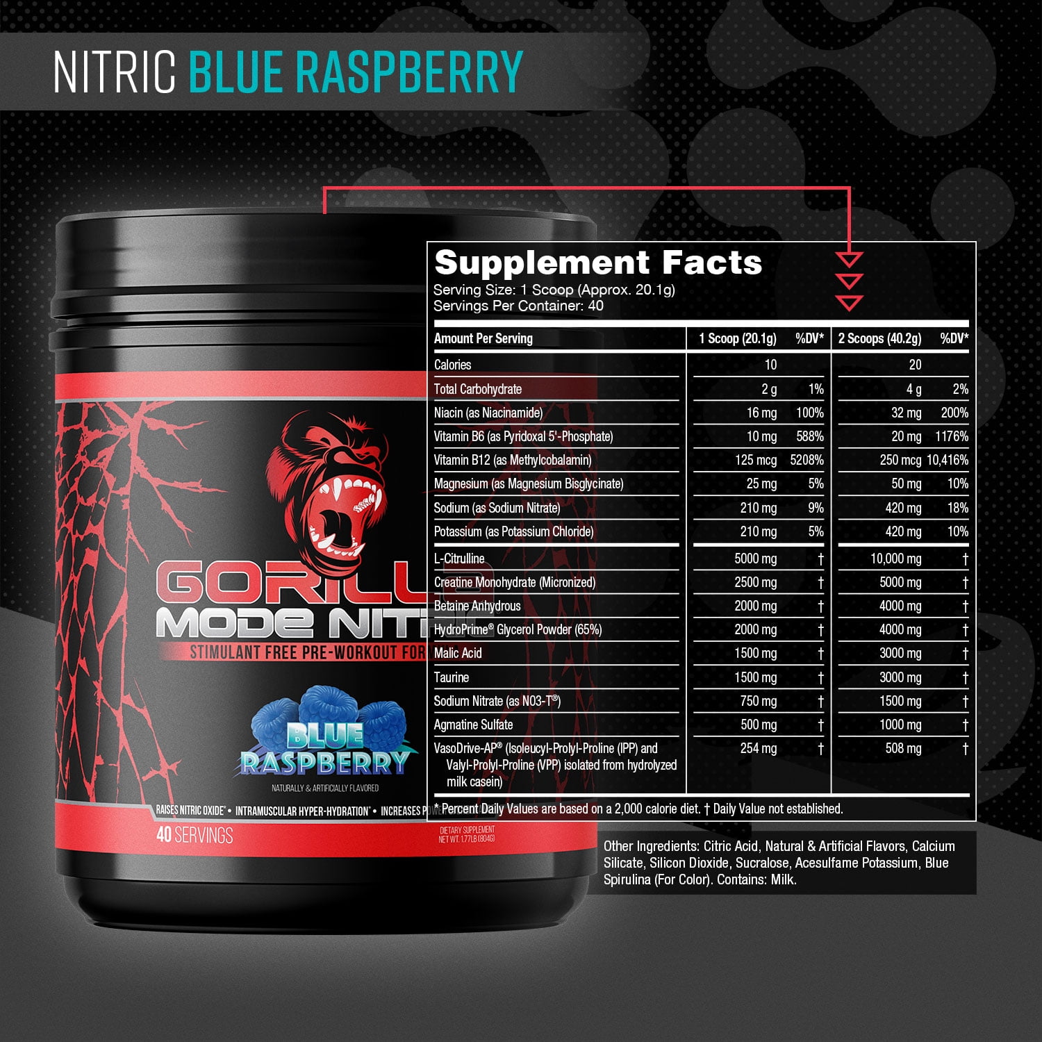 Gorilla Mode Nitric Upgraded Stimulant Free Pre-Workout Powder, Blue Raspberry, 1.77 lbs