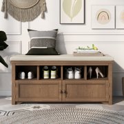 Bellemave 42" Shoe Storage Bench with Cushion, Four Racks and 2 Doors Cabinet, Wood Entryway Bench Seat with Storage (Brown)