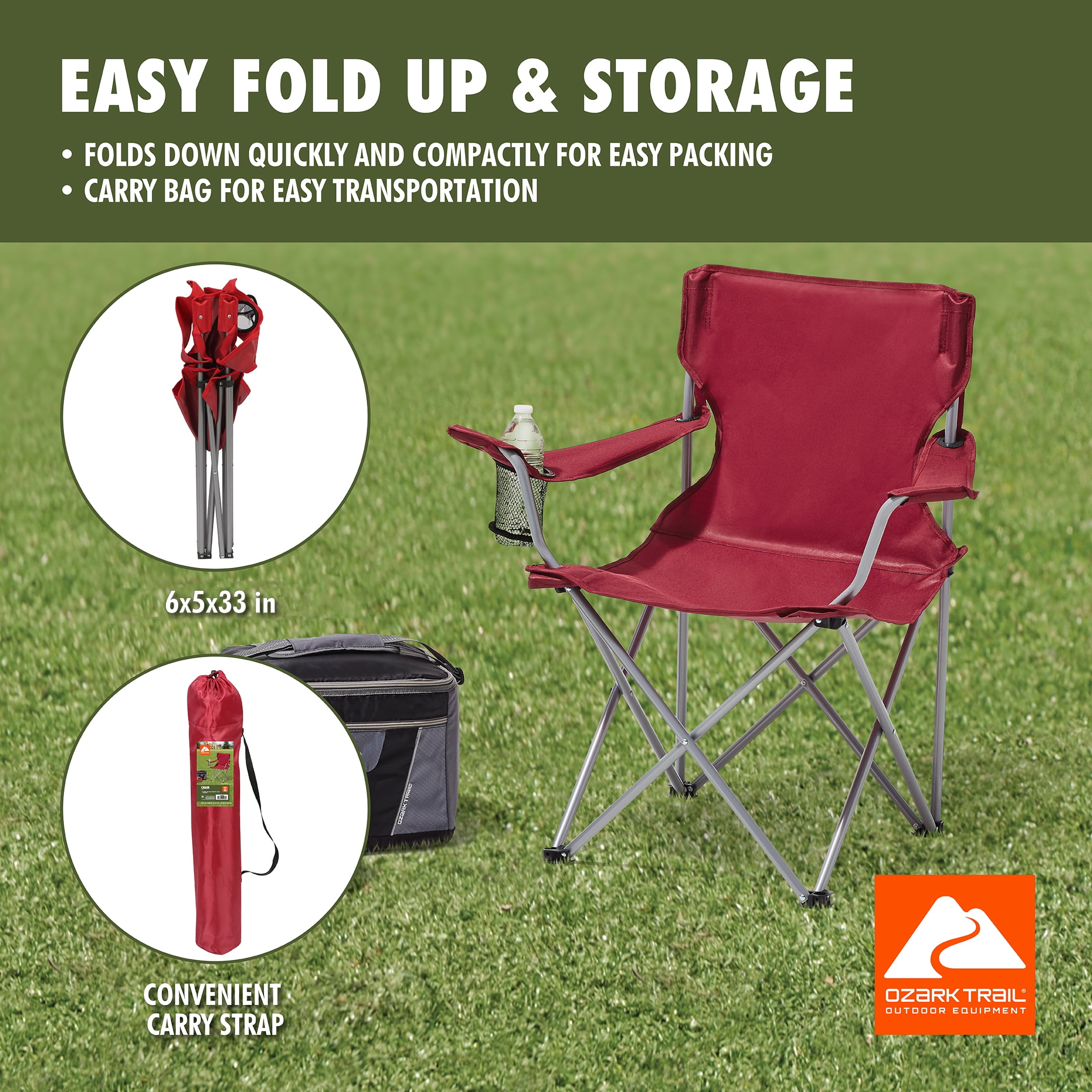 Ozark Trail Quad Folding Camp Chair with Cup Holder, Red