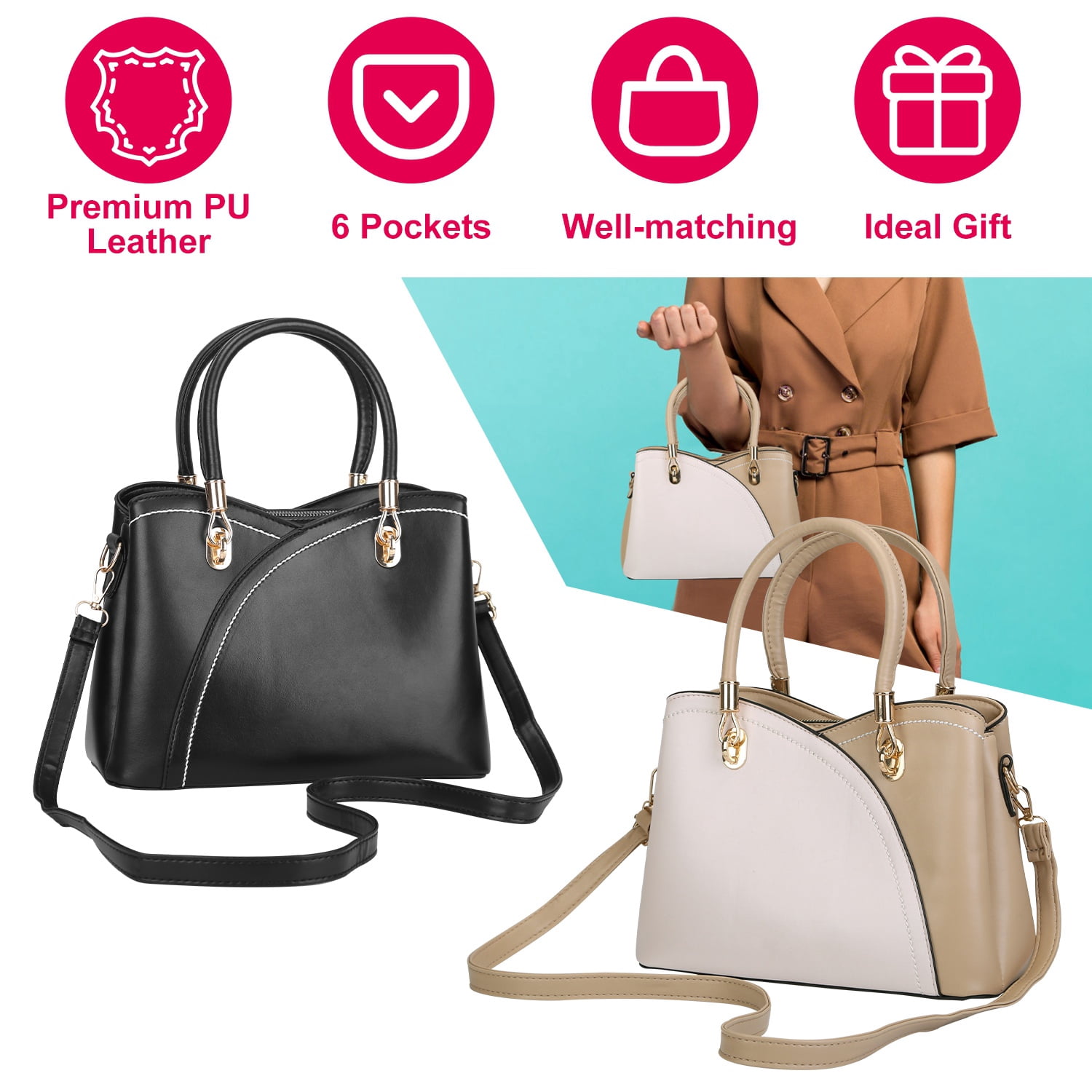 Women Crossbody Bag, Moclever PU Shoulder Bag for Ladies Medium-sized Leather Handbags with Stylish Stitching Detachable Strap, Black