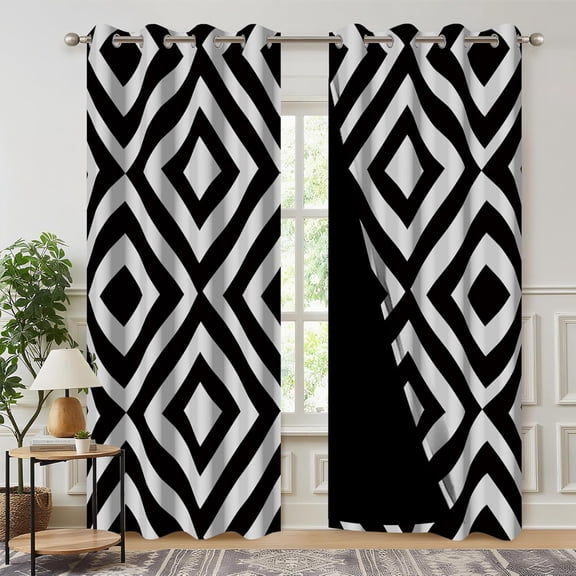 Geometric Plaid Blackout Curtains, Black Diamond Pattern Modern Minimalist Drapes, Room Darkening Curtains Panels for Bedroom with Grommets 26"W x 63"L (Pack of 2)