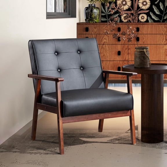 LAZZO Mid-Century Modern Accent Chair, Black Leather Tufted Armchair with Wood Frame, Comfy Reading Chair for Living Room & Office