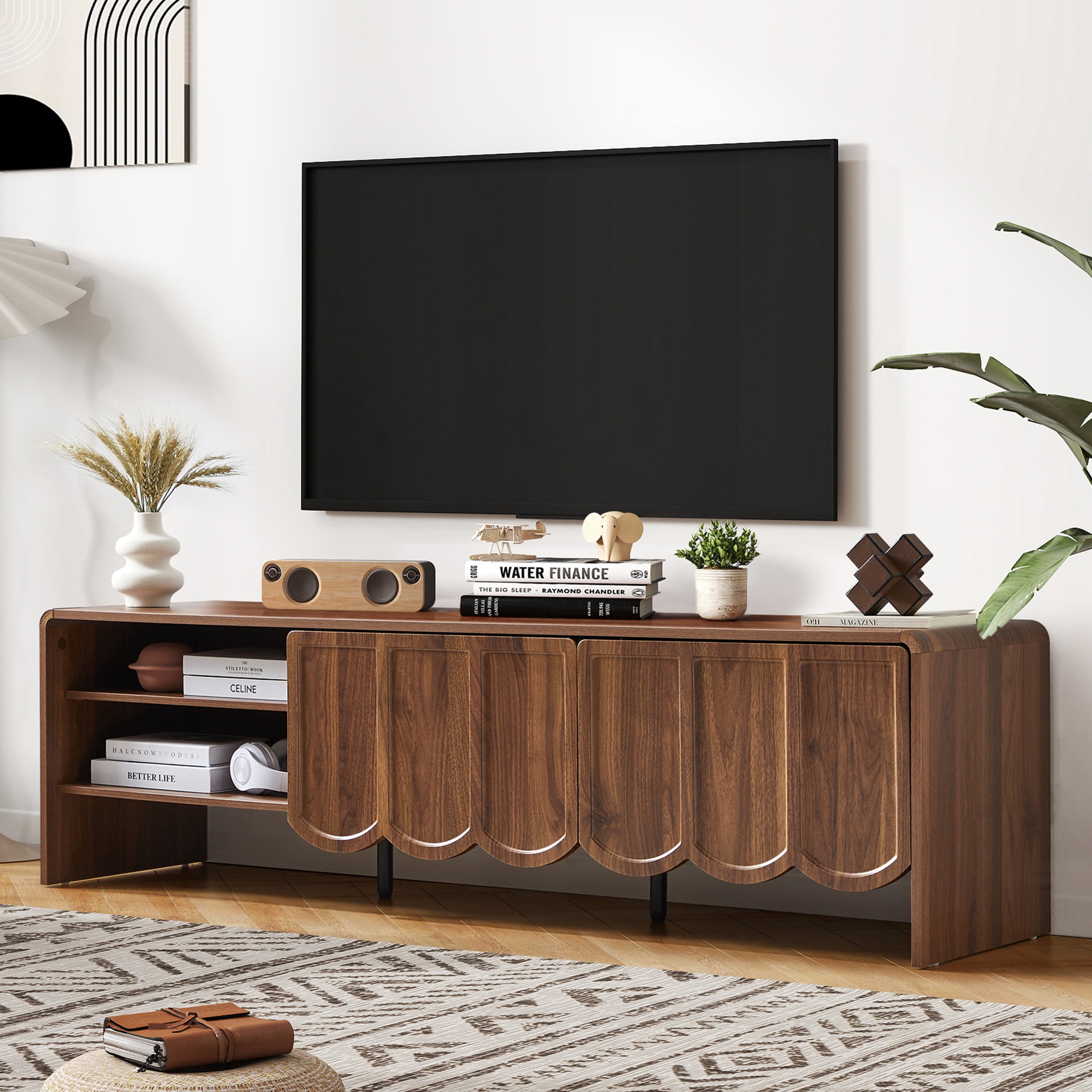 YOCWO TV Stands for 65 inch tv, TV Stand with Sliding Wave Doors, Wood Entertainment Center for TVs, Media Console Cabinet with Open Storage for Living Room, Walnut