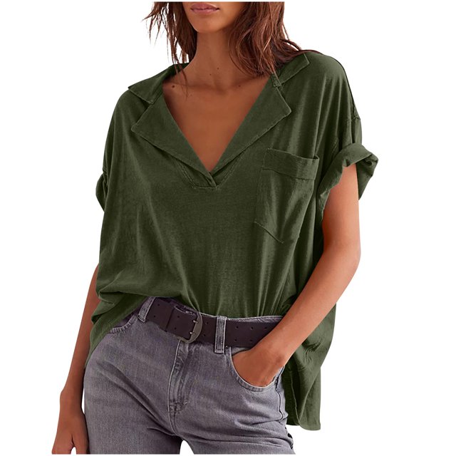 JIUIKE Oversized Tops for Women Short Sleeve T-Shirts Deep V Neck Solid Color Loose Fitting Tees
