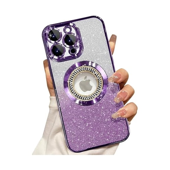 for iPhone 16 Pro Max Magnetic Glitter Case Compatible with MagSafe,Full Protection Slim Shockproof Anti-Scratch Case with Camera Lens Protector Logo View Dust-Proof Net for Women Purple