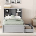 thumbnail image 2 of Twin Size Bed Frame with Built-in USB Port on Bookcase Headboard and 2 Drawers, Wooden Platform Bed with Slats Support for Bedroom, No Box Spring Needed, Grey, 2 of 7