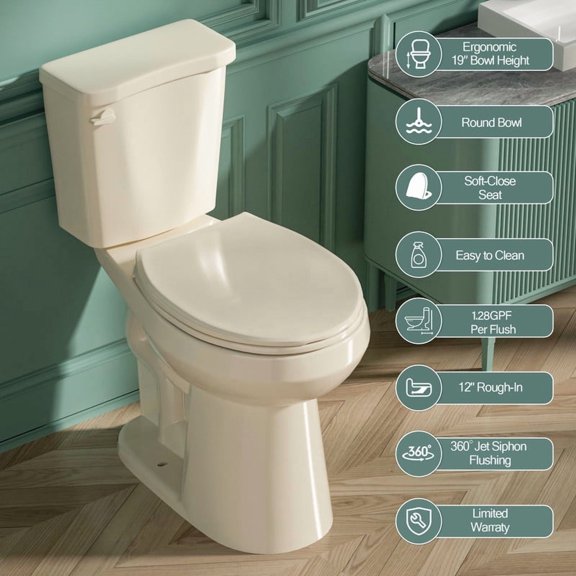 Basdien Tall Toilet 19 Inch for Seniors, ADA High Toilets, Comfort Bowl Heigh 19", Seat Height 20", Two-Piece Single Flush 1.28 GPF, 12 Inch Rough-in, Bone Color, for Small Bathroom