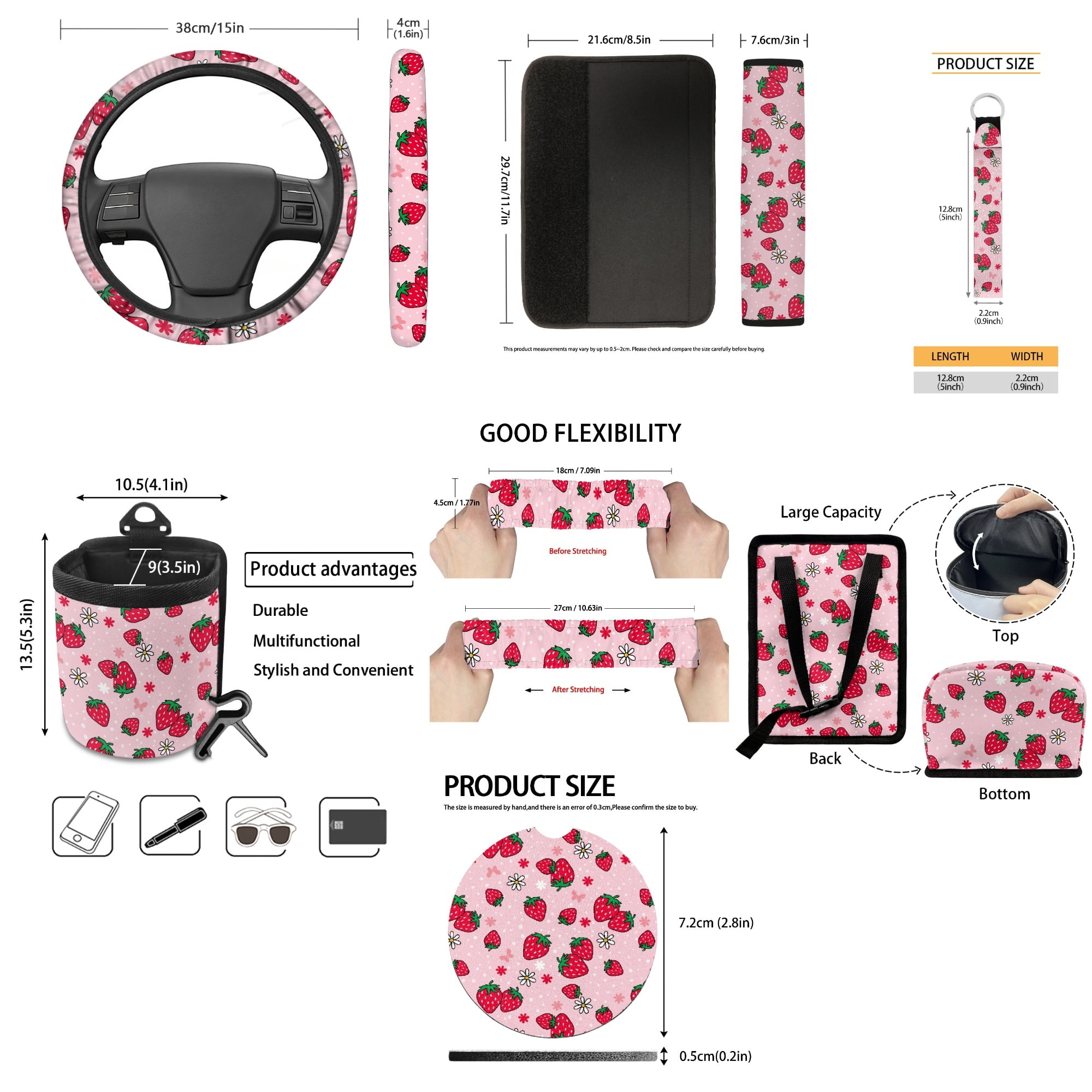 Yuyamidu 15 PCS Strawberry Car Seat Cover Set Pink Steering Wheel Cover Seat Belt Pad Cover Trash Bin Rear View Mirror Cover Cup Holders Keychain Air Vent Storage Holder Car Decor
