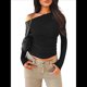 thumbnail image 3 of Blusas de Mujer con Hombros Descubiertos, Elegantes, de Larga, Asimétricas, Ajustadas, para Salir, de Otoño, con Frunces. Negro XL, 3 of 8