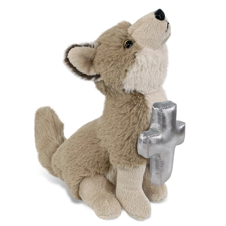 DolliBu Super Soft Howling Wolf Stuffed Animal with Silver Cross Plush - Religious Baptism Gifts for Boys and Girls, Dedication Christening Gifts Plush Prayer Toy Healing Stuffed Animal - 10.5 Inches