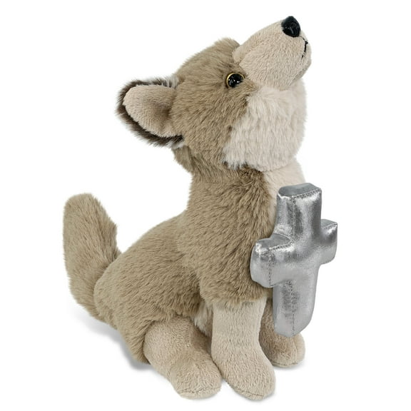 DolliBu Super Soft Howling Wolf Stuffed Animal with Silver Cross Plush - Religious Baptism Gifts for Boys and Girls, Dedication Christening Gifts Plush Prayer Toy Healing Stuffed Animal - 10.5 Inches