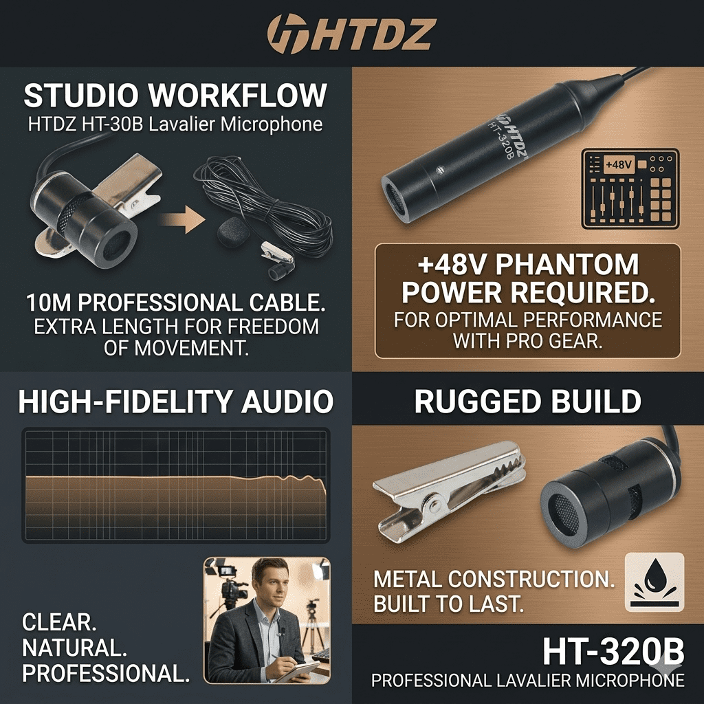 HT-320B Professional XLR Lavalier Lapel Microphone with 10M Shielded Cable Omnidirectional Condenser Mic for Mixer & Audio Interface