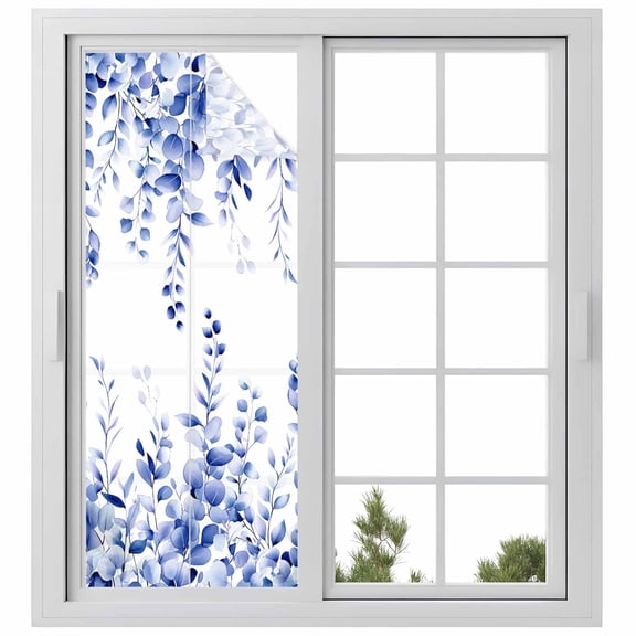 Reusable Frosted Window Coverings, Navy Blue Eucalyptus Leaves Window Privacy Film Frosted, Spring Rustic Botanical Sun Blocking Windows Stickers for Kitchen Front Door, 23.6 x 59 Inches