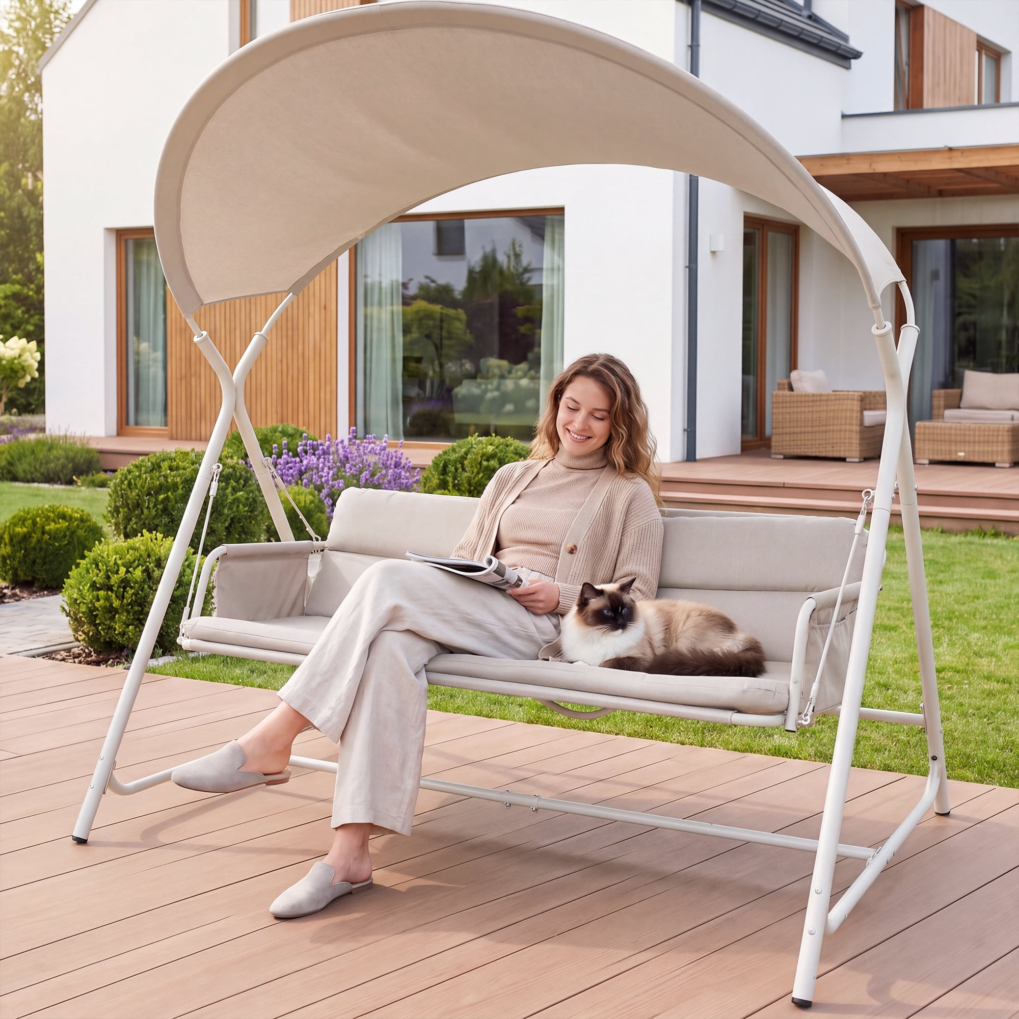 3-Person Outdoor Patio Swing Chair, Heavy-Duty Metal Frame Garden Porch Swing with Cushion