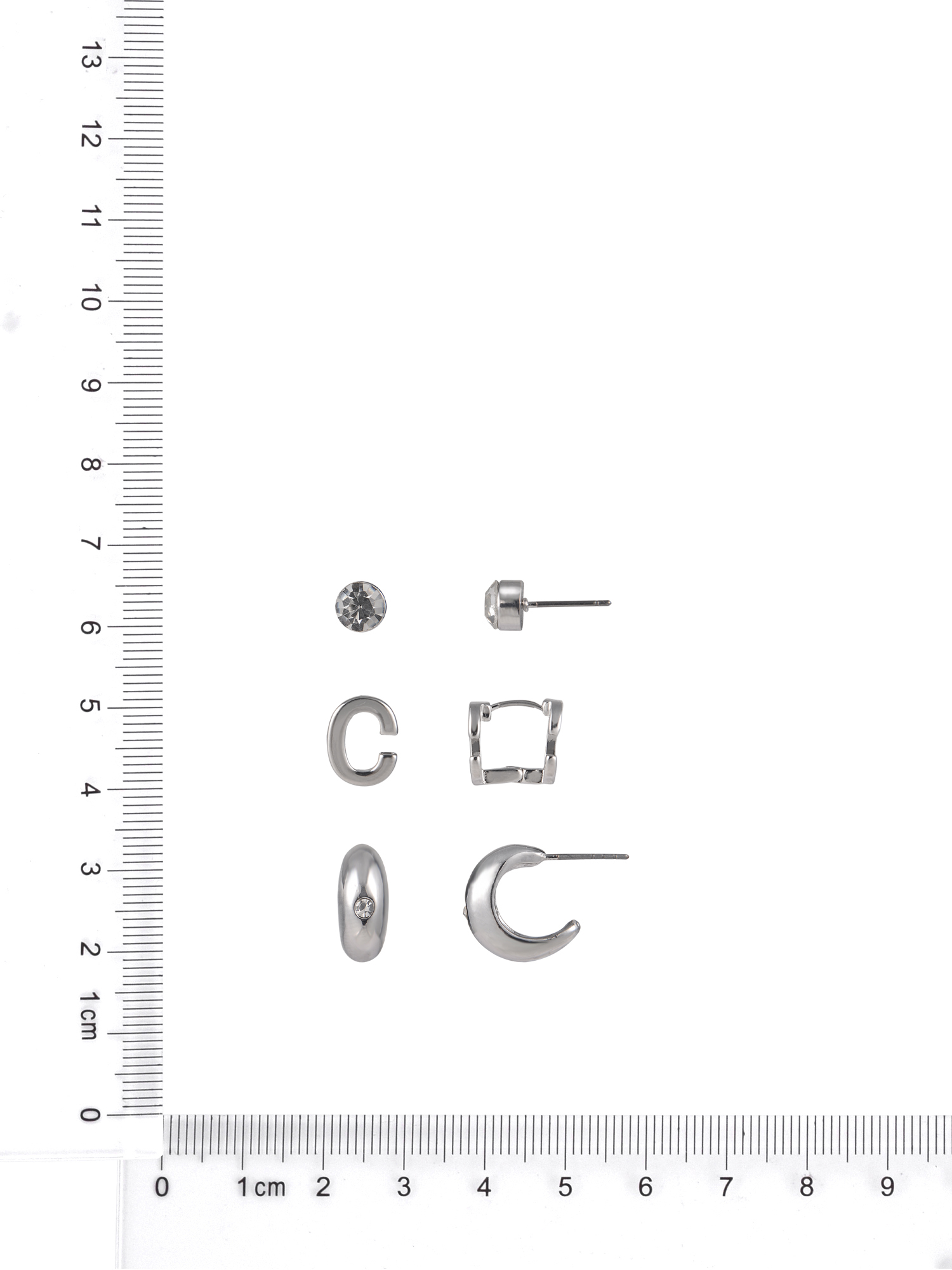 Time and Tru Silvertone 3-On Crystal Stud, Hoop, Initial "C" Earring Set