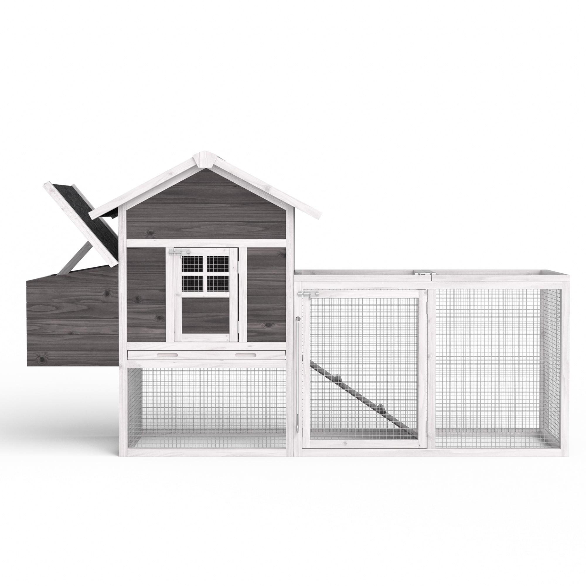 Outdoor Chicken Coop With Run Chicken Runs For Yard w/ Egg Box & Cover Wooden Hen House Rabbit Hutch w/ Tray, Gray