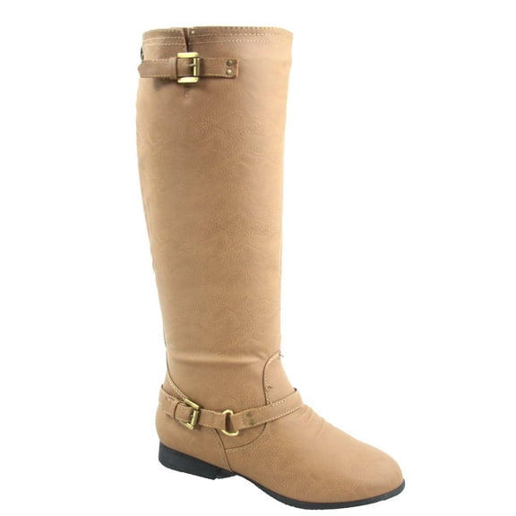 Coco-1 Women's Back Zipper Military Low Flat Heel Buckle Riding Knee High Boot