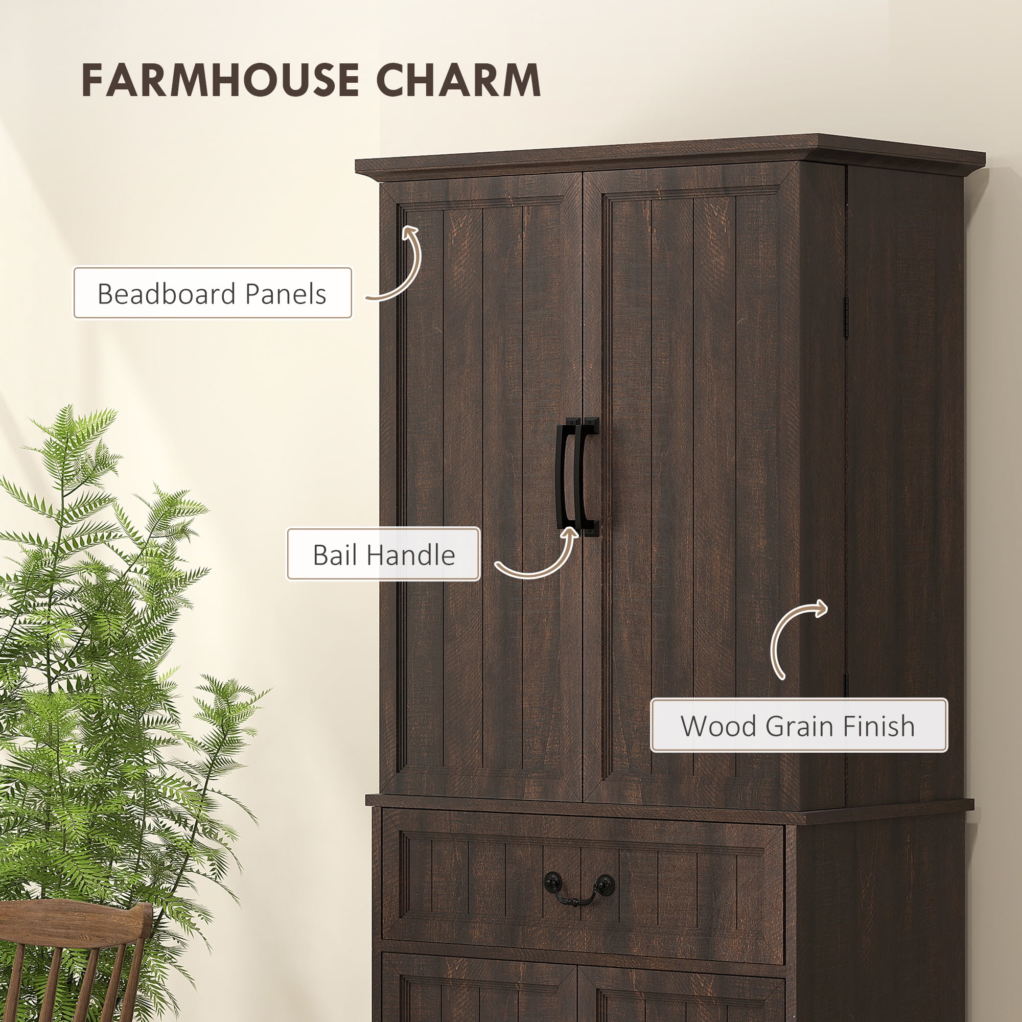 HOMCOM Farmhouse Kitchen Pantry Cabinet with Light, Storage Cabinet, Brown