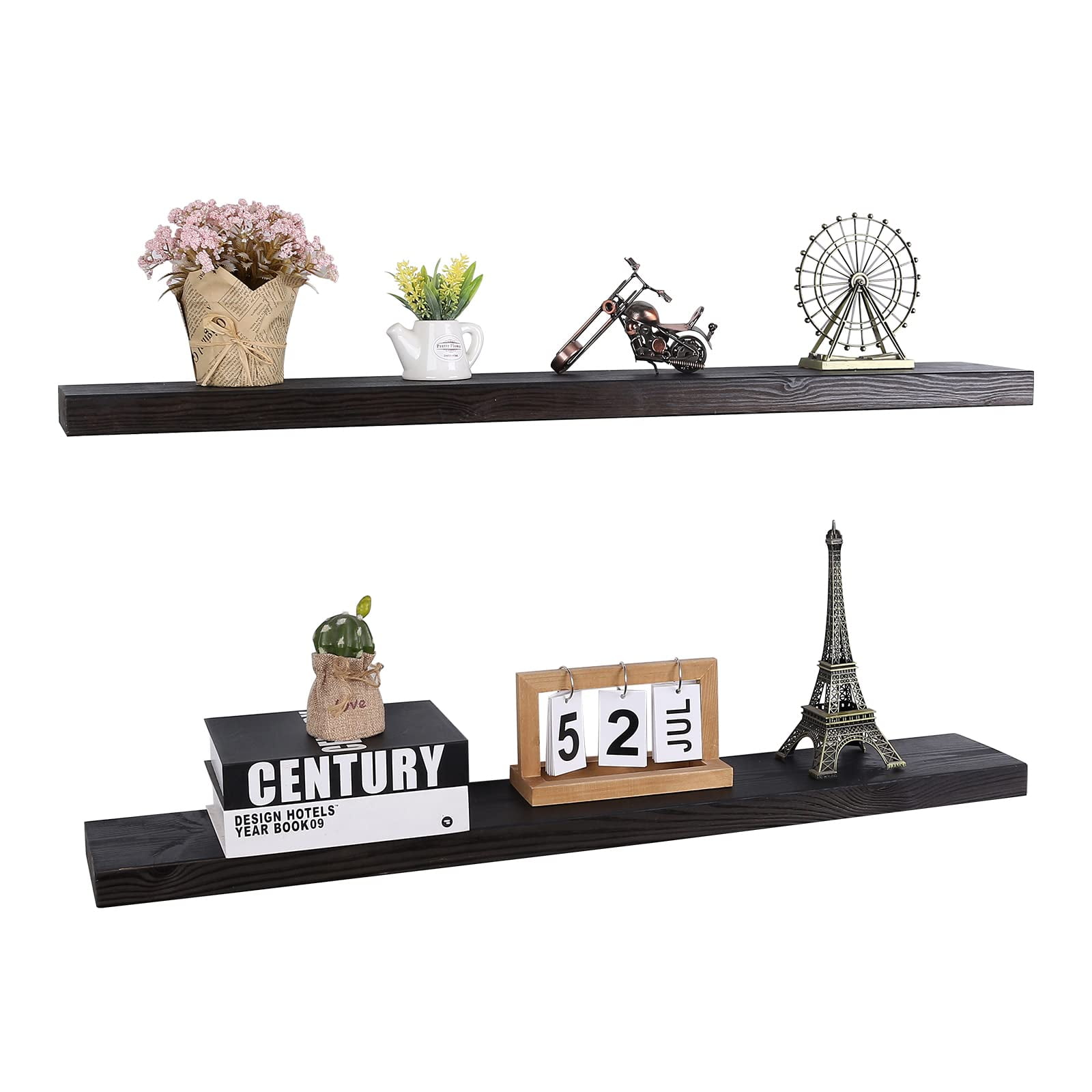 Floating Shelf Set \u2014 Rustic Solid Wood Hanging Rectangle Wall Shelves  with Invisible Metal Brackets for Bedroom, Bathroom, Living Room and  Kitchen (Black, 24 x 5.9) 