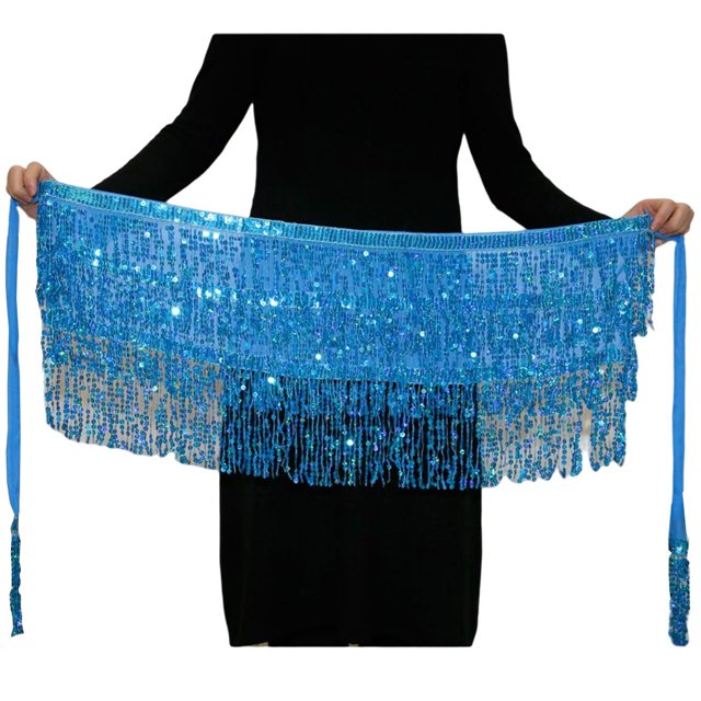 Sonducket a la cadera de moda, bufanda Retro con borlas, hermosa envoltura multicolor, ropa de baile, diamantes de imitación brillantes, disfraz Prendas para la parte inferior del cuerpo Lago azul