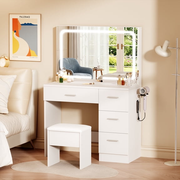 LIVELYGLOW Smart LED Vanity Desk with Stool, Dimmable Lighted Mirror, Built-in Power Outlets & USB Ports, Spacious Drawer Makeup Table for Bedroom,White