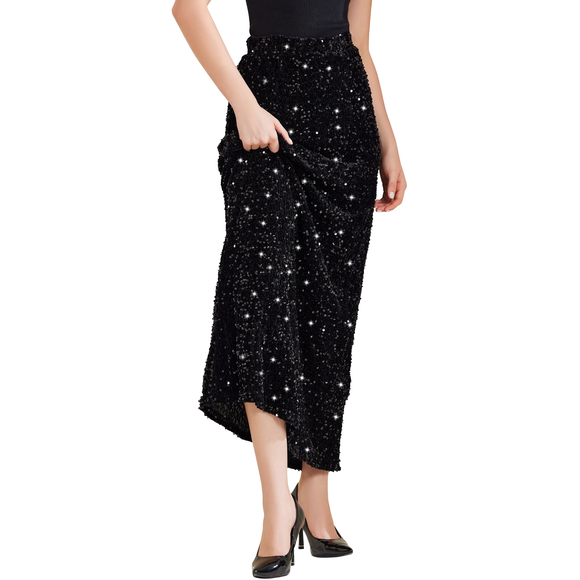 Unique Bargains Sequin Velvet Skirt for Women s Elastic Waist Sparkle Party Maxi Skirt Black XL
