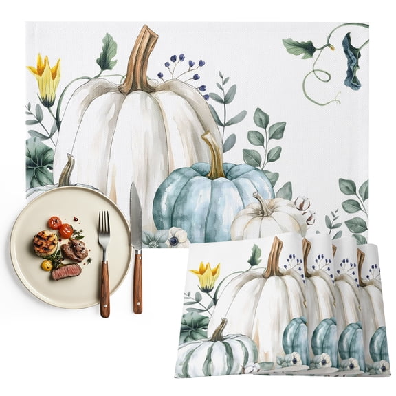 Thanksgiving Placemats Set of 4, Blue White Pumpkin Autumn Fall Leaf Washable Wipeable Table Mats for Dining Tables, Indoor Outdoor Kitchen Place Mats for Holiday Party Table Decor