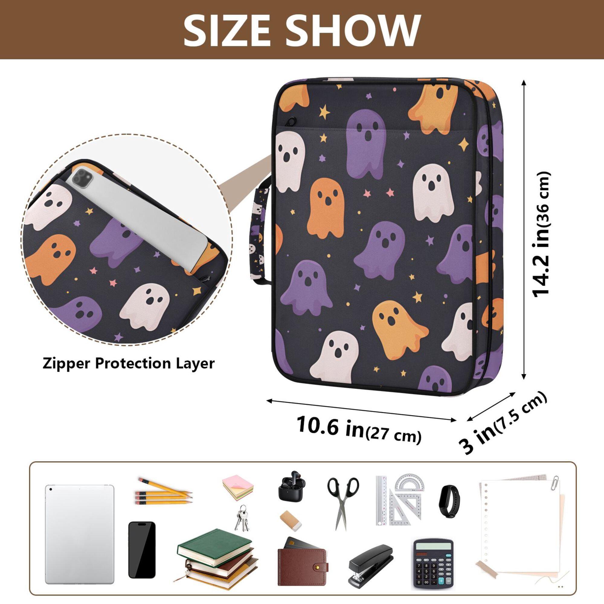 FORMRS Accordion File Folder A4 Size 7-Pocket Expanding Document Organizer Bag with 3 Ring Binder, Orange Halloween Ghosts