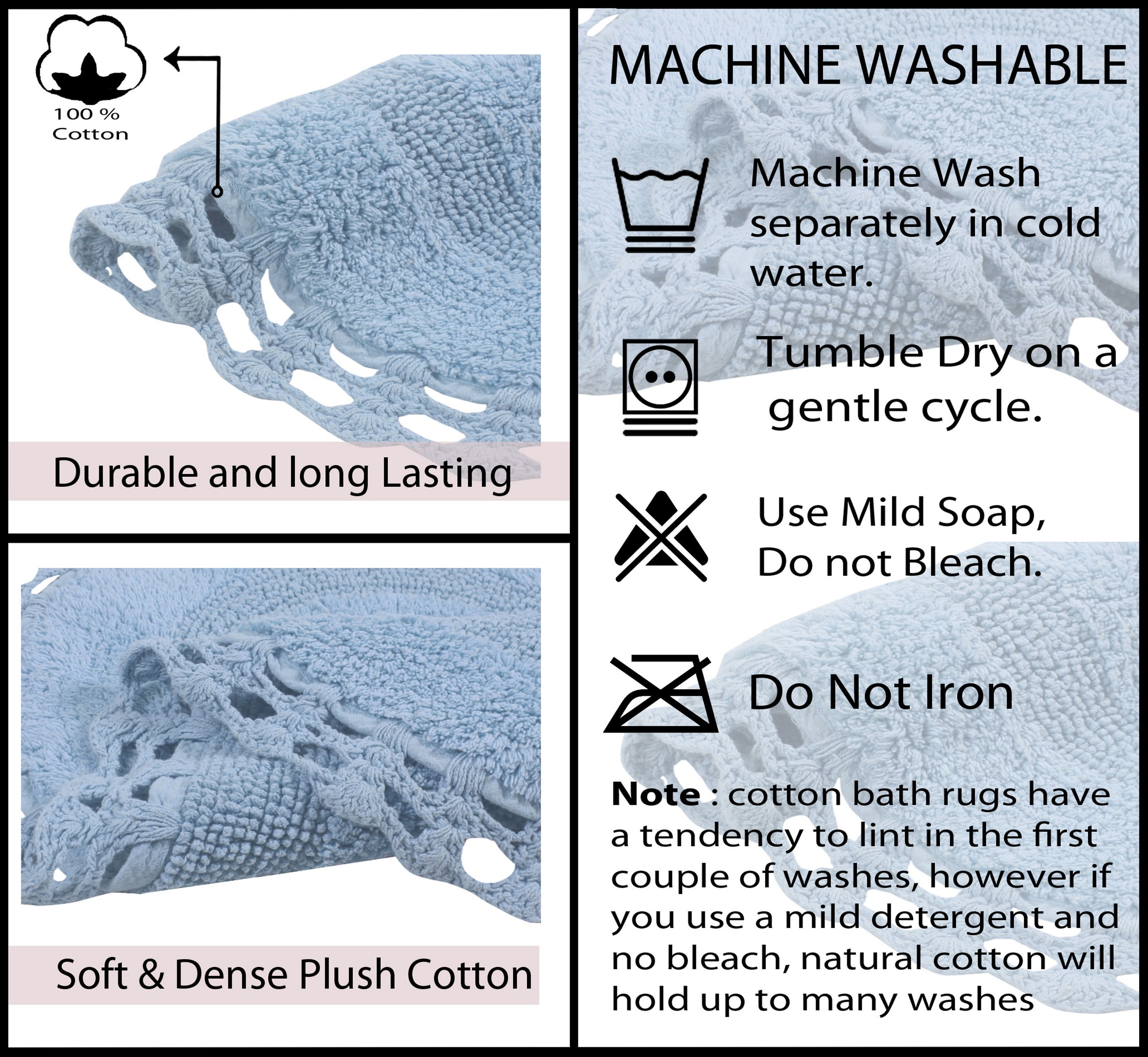 Home Weavers Hampton Crochet Bath Mat 100% Cotton Bathroom Rugs Set, Washable Rug, Extra Soft and Absorbent bath Rug, Kitchen Mat, Bath Mat Set, Bath Floor Mat Reversible, 24"x40" Rectangle, Blue