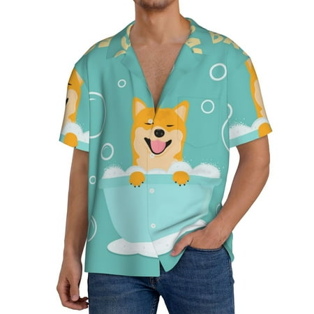 Fuzoiu Dogs Loves Bath Print Men s Casual Short Men s Short Sleeve Shirt Mens Casual Button Down Shirts Cuban Collar Summer Shirt for Beach Vacation and Outdoor Activities-Small