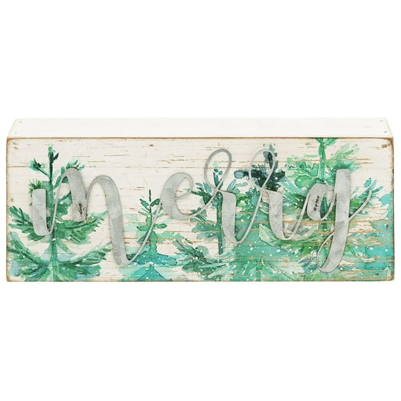 Parisloft Merry Wood and Galvanized Metal Box Sign, Mini Christmas Tabletop Decor, 9"W
