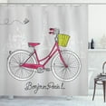 thumbnail image 1 of Eiffel Tower Shower Curtain, Bonjour Paris Cartoon Design of a Bicycle, Fabric Bathroom Set with Hooks, 69W X 75L Inches Long, Pale Grey Hot Pink Yellow Green Charcoal Grey, by Ambesonne, 1 of 3