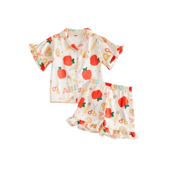 RUINIXCW Toddler Baby Girl Silk Satin Back to School Pajamas Set Kids Summer PJS Set Sleepwear Apple Pencil Printed Short Sleeve Button Down Shirt and Ruffle Shorts Set Homewear Loungewear 1-7 Years