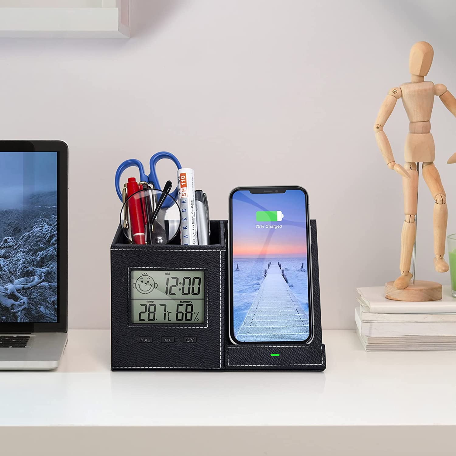 Miroddi Desk Organizer with Wireless Charging for iPhone, PU Leather with Pencil Holder for Desk & Nightstand, 1 Pack