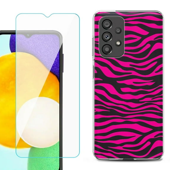 Slim-Fit Gel TPU Phone Case for Samsung Galaxy A23 5G, with Tempered Glass Screen Protector, by OneToughShield ® - Zebra Pink