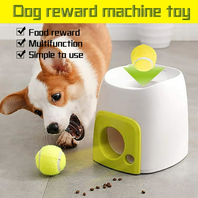 Qaailabf Dog Slow Feeder Toy with Tennis Launcher, Food Reward Training Machine, Interactive Pet Puzzle for Exercise and Intelligence, 16x16x20cm, Includes 1 Tennis Ball