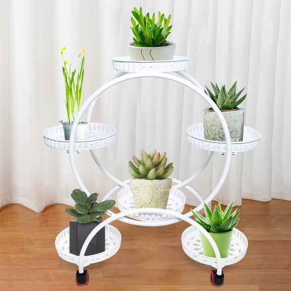 6 Trays 4 Tiers Indoor Metal Plant Stand Shelf Holder Flower Pot Rack  Wheels White 28.54*12.2*29.92 in for Homes, Offices, Stores, Gardens
