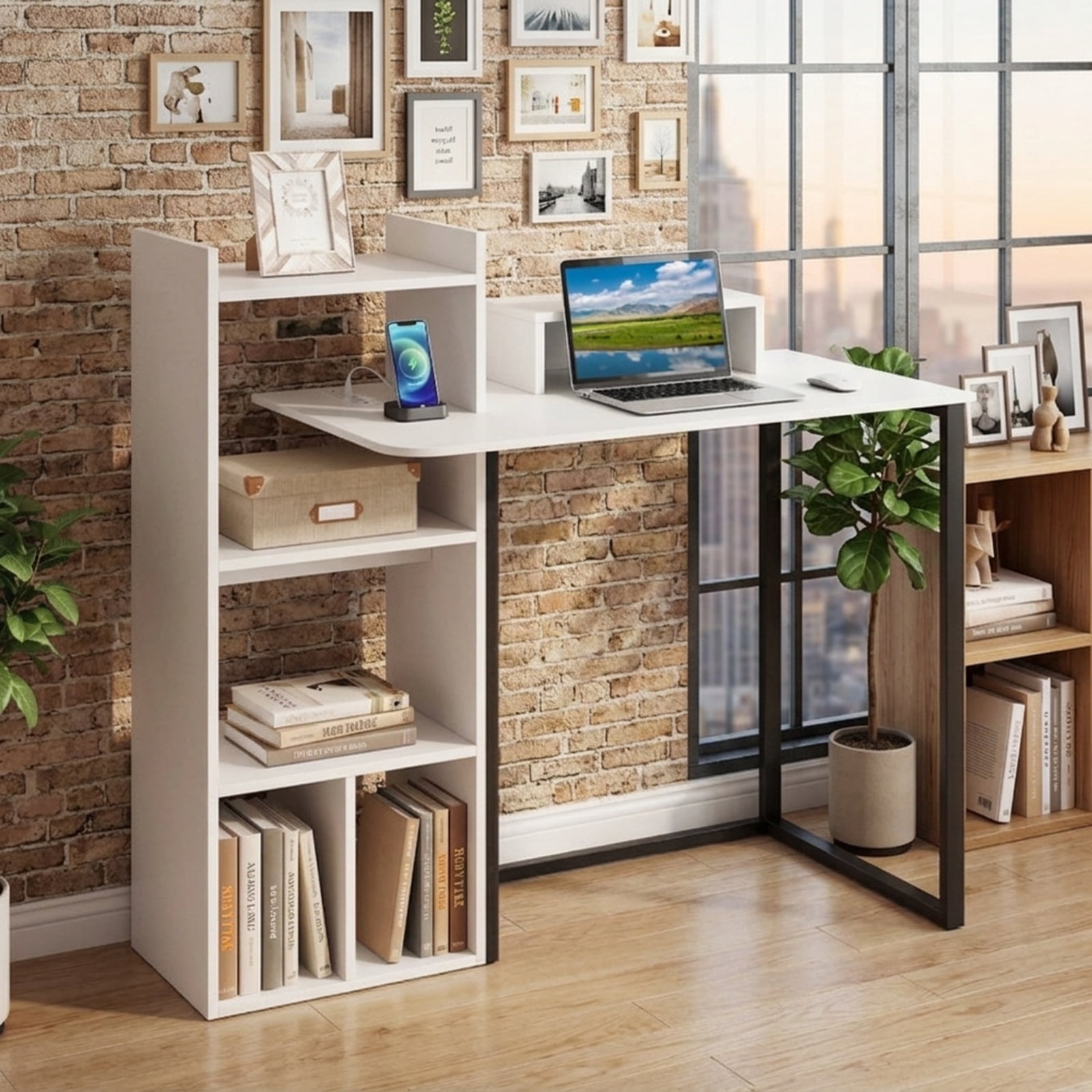 Furnibear 43.5" Computer Desk with Charging Station, Home Office Desk with Ergonomic Monitor Stand and Open Shelves for Bedroom Study, White